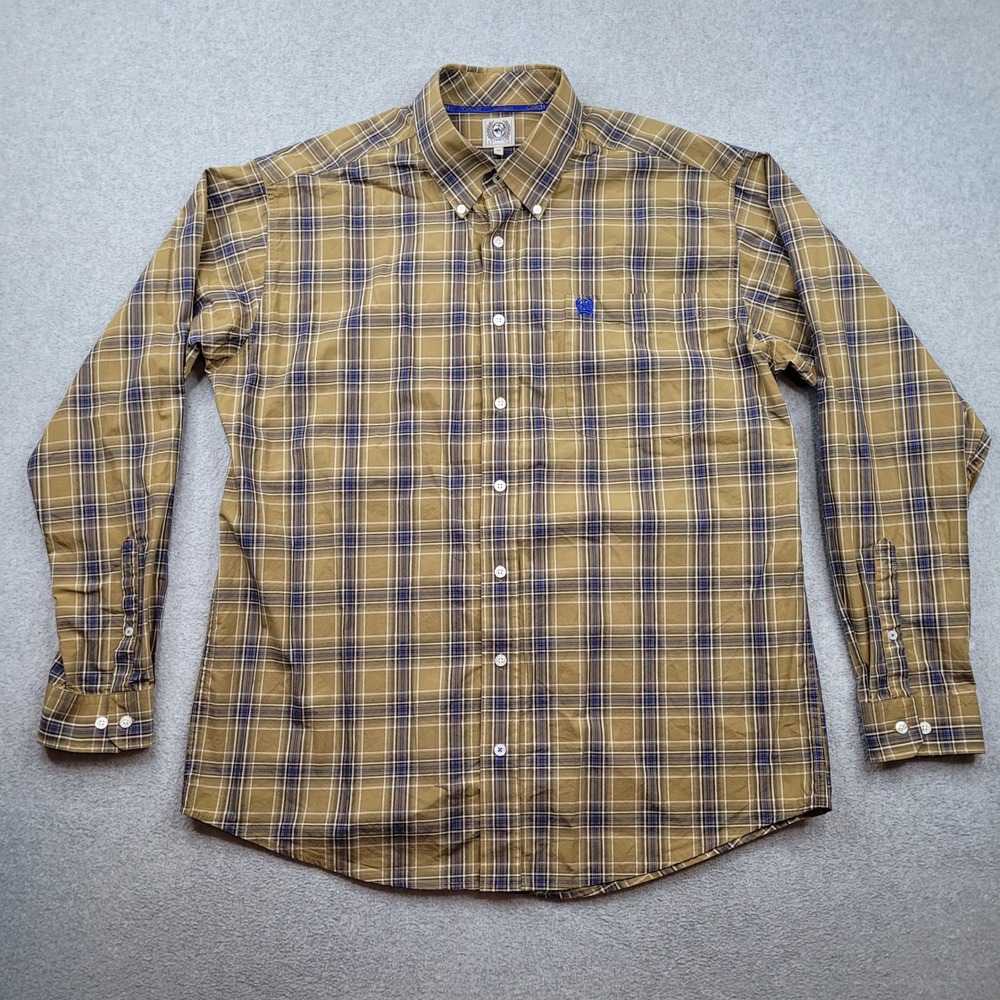Cinch Button Down Shirt Mens Medium Tan Plaid Long Sleeve Western Cotton